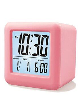 Pink Alarm Clock Large Display LCD Digital Clock Snooze Battery Portable Kids